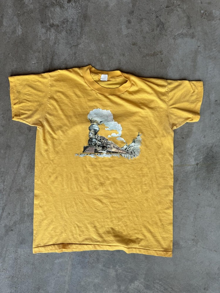 Vintage 90s Devknit Single Stitch Yellow Train Graphic Shirt L