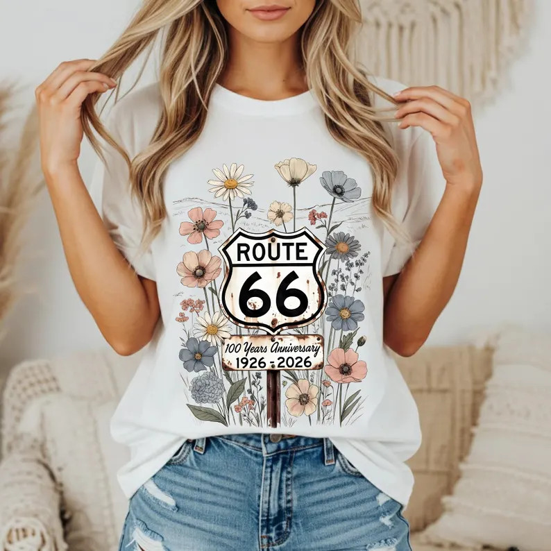 Route 66 Centennial Floral Shield Retro Road Trip Graphic Tee