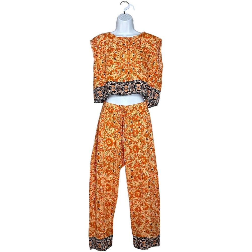 Free People Womens Orange Boho 2 Piece Crop Top Harem Pant Set Size Small