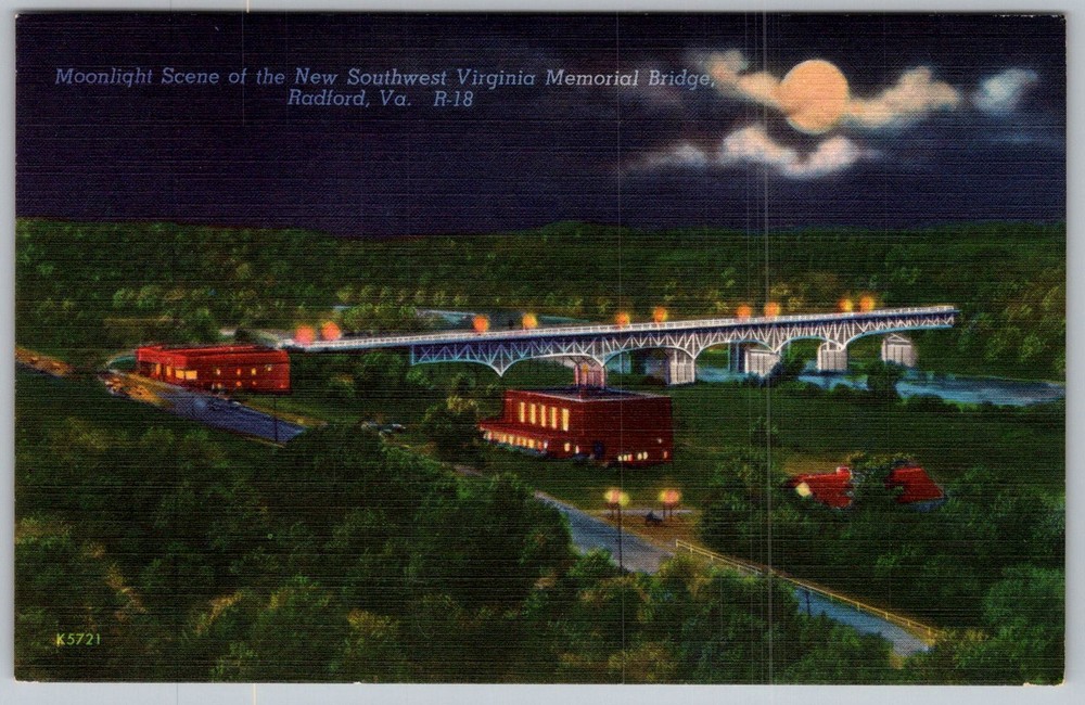 Vtg Linen Postcard Moonlight Memorial Bridge Scene Radford, VA 1930s
