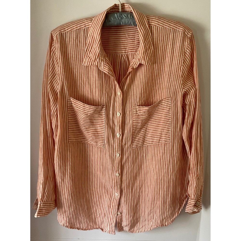 Boden Womens Orange White Striped 100% Linen Button Down Shirt US 10P SC9011