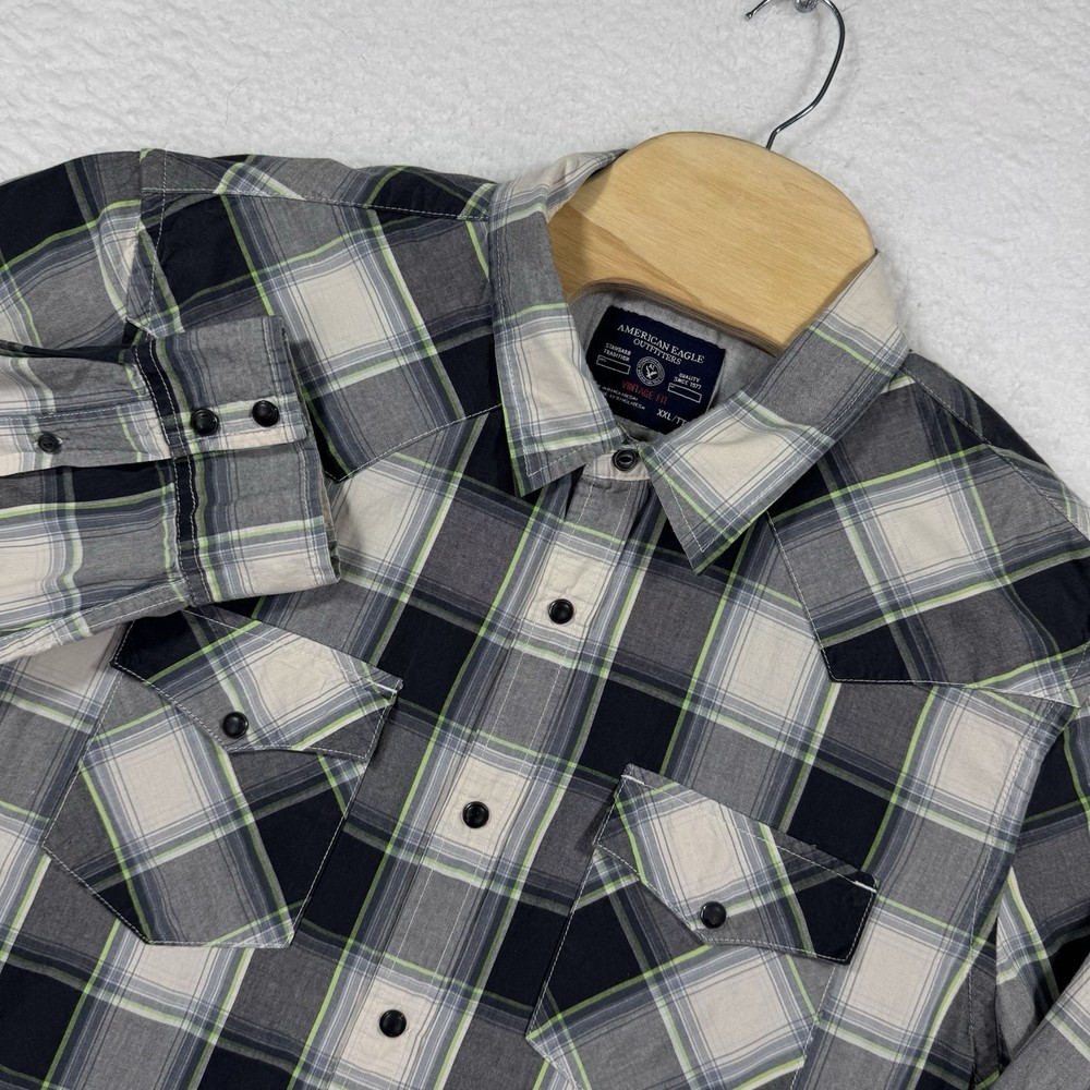 American Eagle Shirt Mens XXL Plaid Pearl Snap Long Sleeve Vintage Fit Western