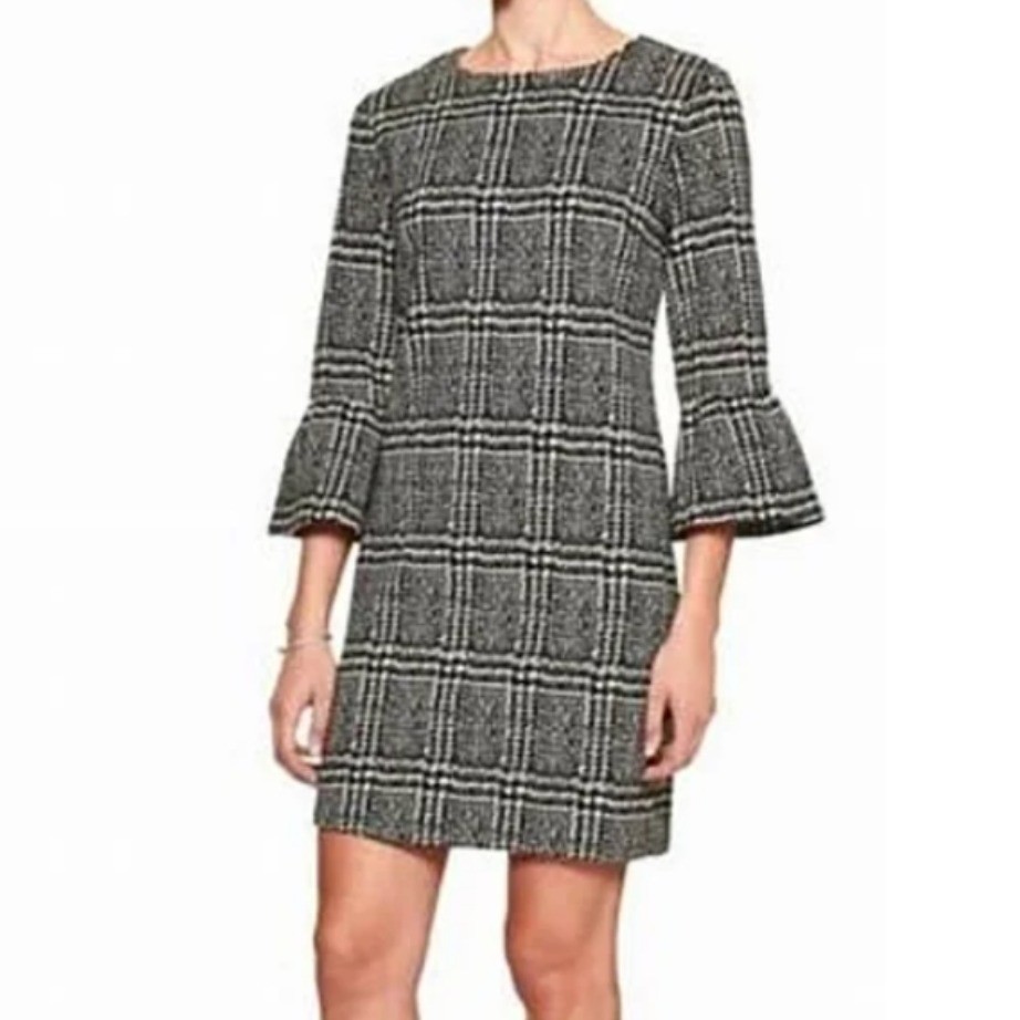 Banana Republic Women's 3/4 Bell Sleeve Shift Dress Sz 4 Black Plaid Career