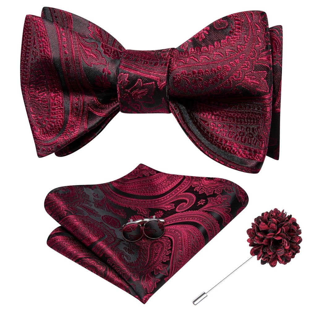 Mens Black Burgundy Bow Ties Paisley Self Tie Bowtie and Lapel Pin for Men Ha...