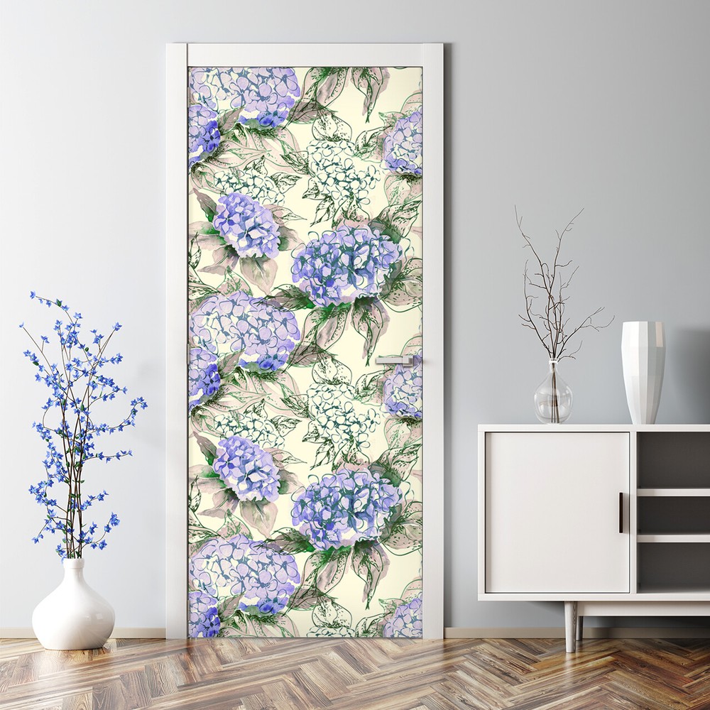 Bubble-Free Hortensia Door Sticker - Large Green & Purple Decal Decor