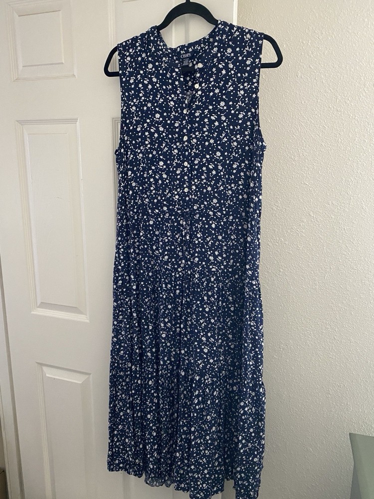 Women's Chaps Navy Blue Floral Tiered Sleeveless Dress XL Tie Elastic Waist