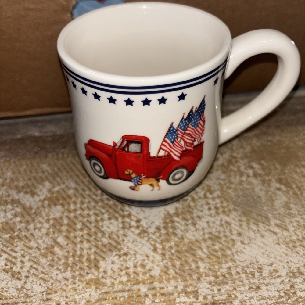 Cracker Barrel Susan Winget Coffee Mug Cup Red White Blue Flags Truck Dog