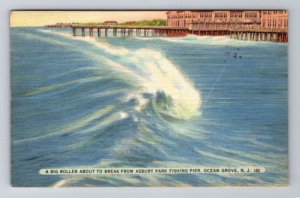 Ocean Grove NJ-New Jersey, Wave Asbury Park Fishing Pier Vintage c1942 Postcard