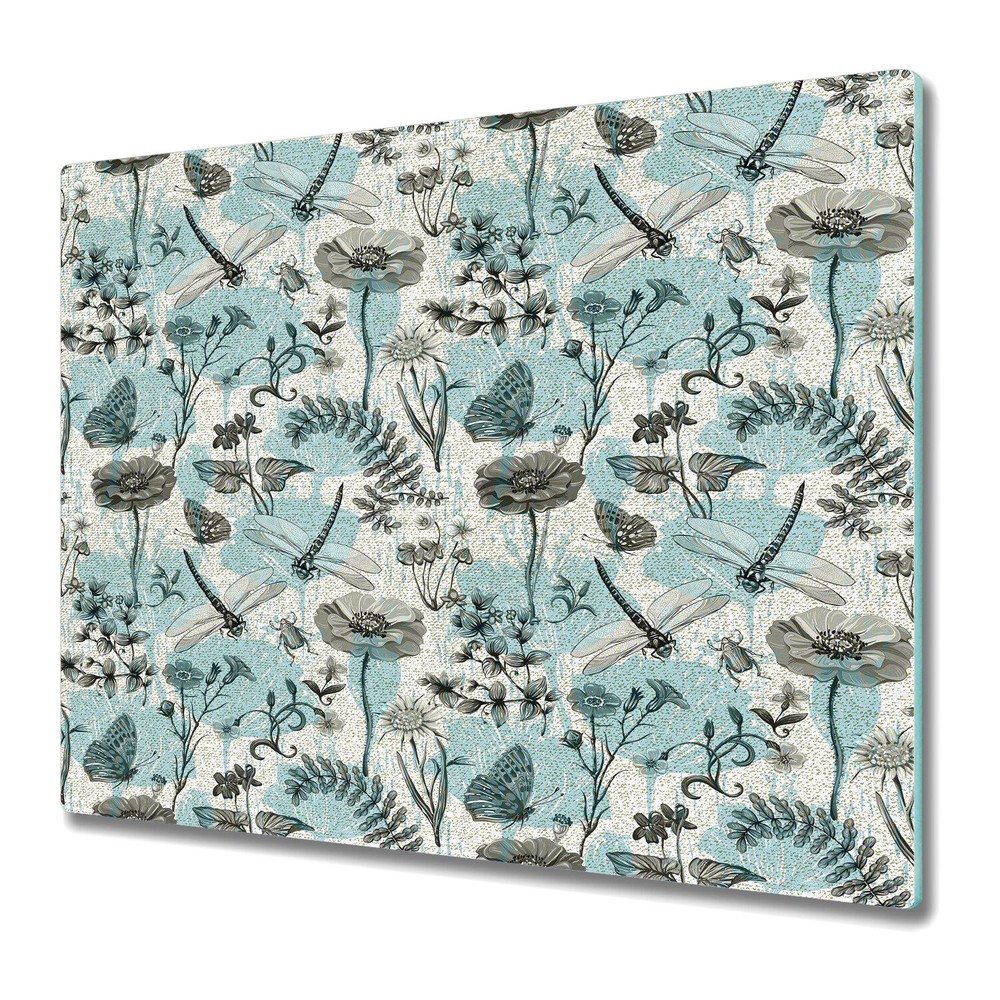 Glass Kitchen Chopping Cutting Board Botanical insects blue and beige 60x52