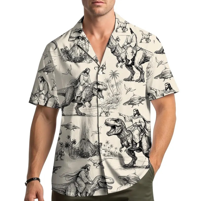 Funny Jesus Riding T Rex Dinosaur Hawaiian Shirt Aloha Beach