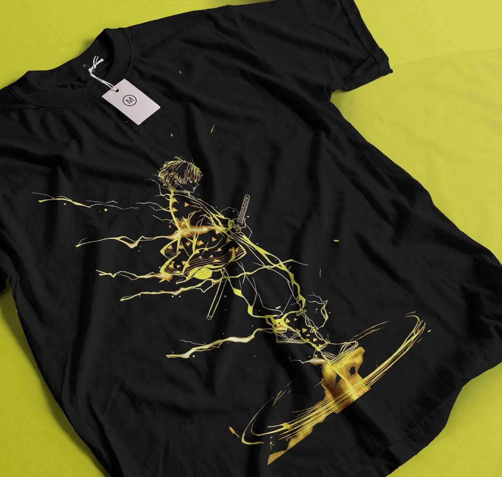 Anime Zenitsu T-Shirt Demon Slayer Kimetsu No Yaiba Black Size S - 5XL V1