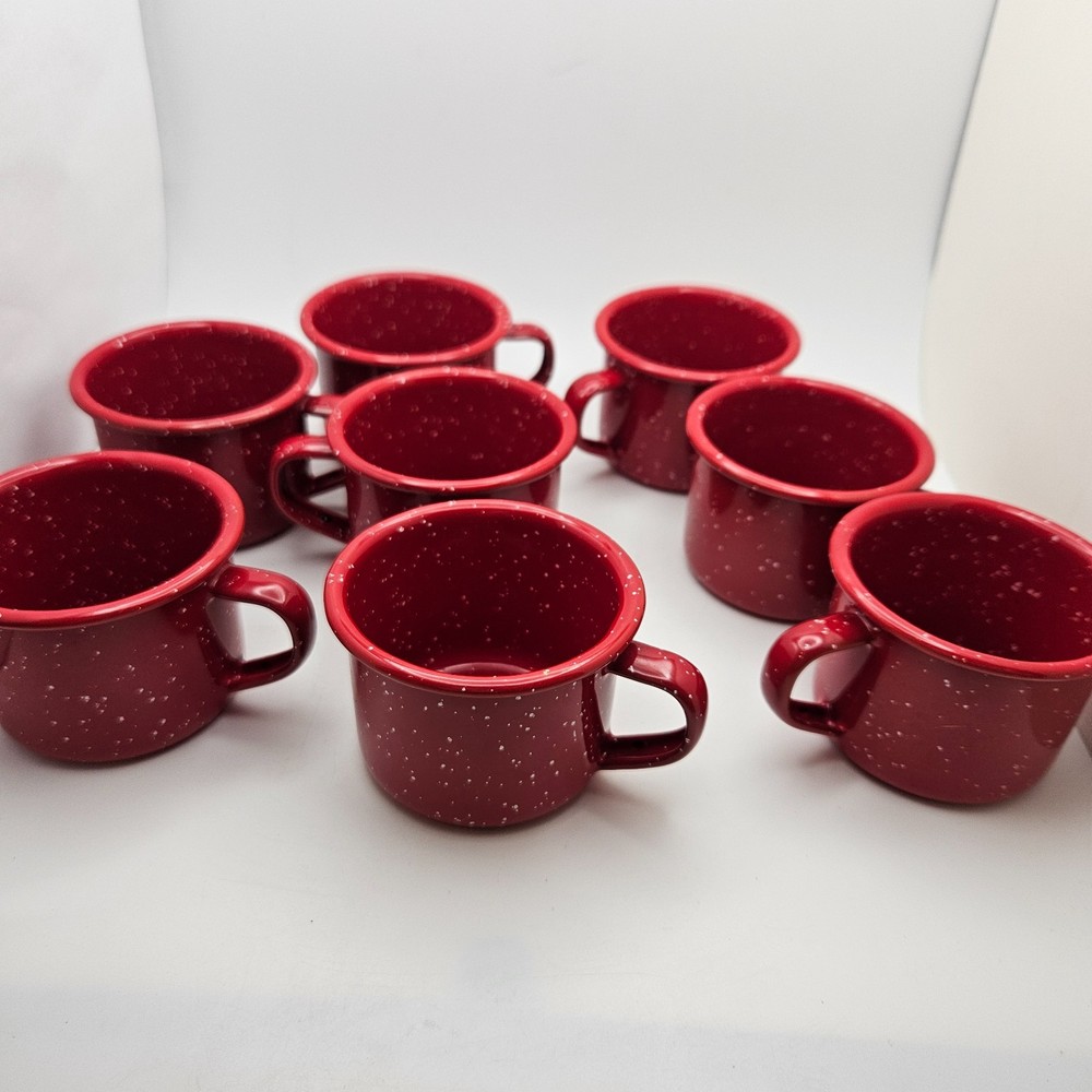 Set of 8 Red Speckled Enamelware Style Campfire Coffee Mugs Cups  Rustic Cabin