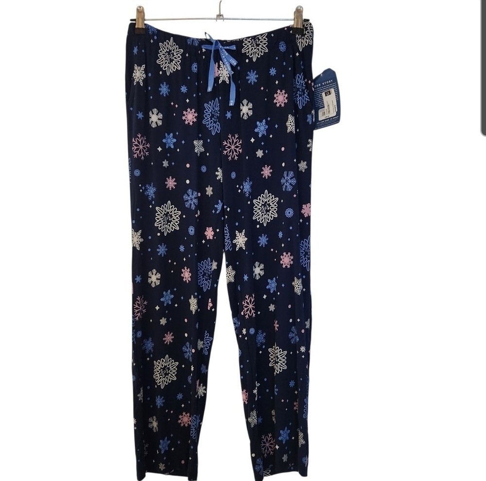 Life Is Good Blue Snowflake Loungewear Pajama Pants Drawstring Waist Size Medium