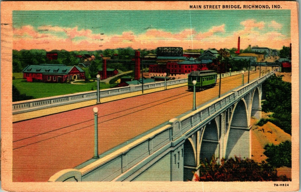 Main Street Bridge Trolley Richmond Indiana IN  Linen Postcard T17
