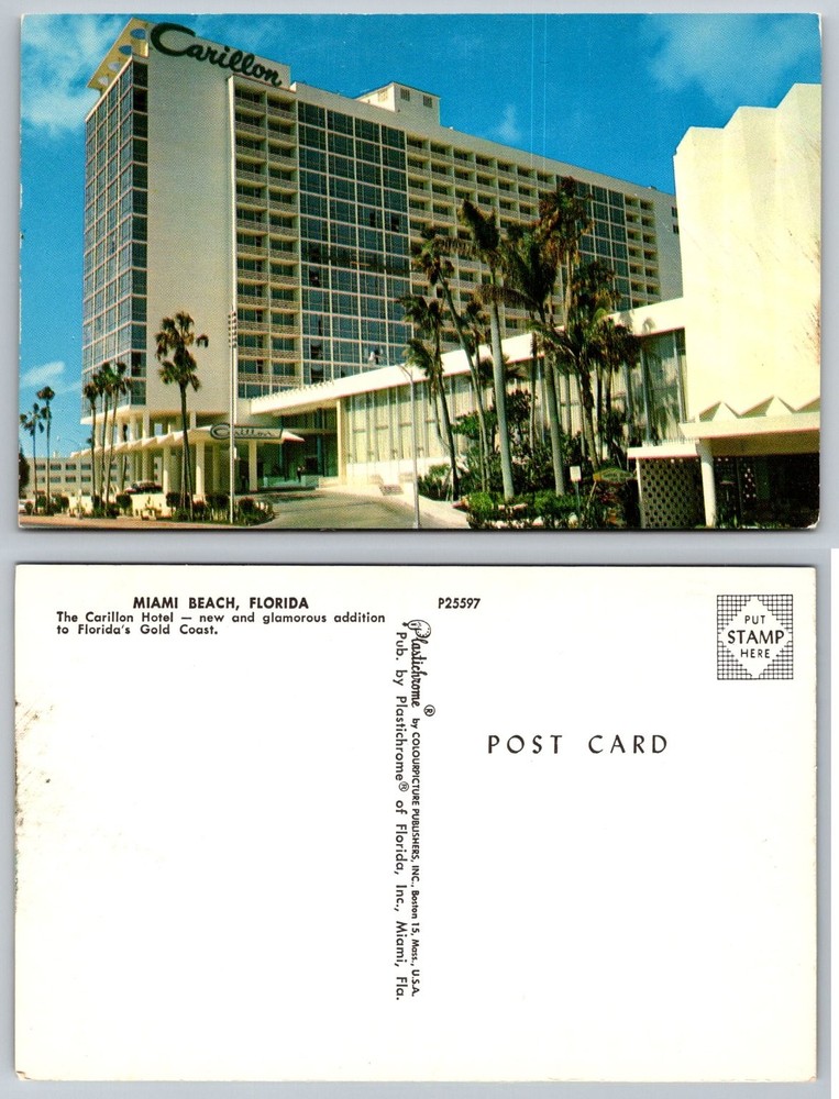 Vintage Carillon Hotel Miami Beach Florida Postcard Plastichrome 1950s Unposted