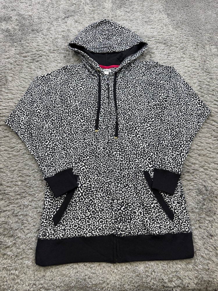 DKNY Hoodie Women Small Animal Leopard AOP Full Zip Fleece Sweatshirt Sweater