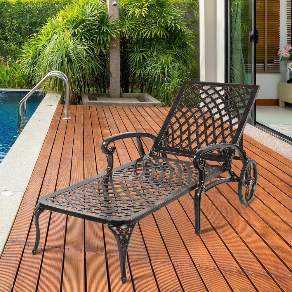 Adjustable Patio Pool Chaise Lounge Chair Cast Aluminum Recliner with Wheels