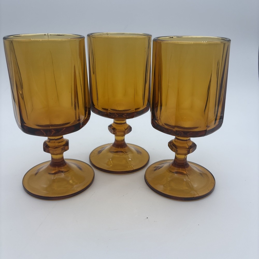 Colony Glass Nouveau Set of 3 MCM Footed Amber Wine Water Goblets 5 1/2” Vintage