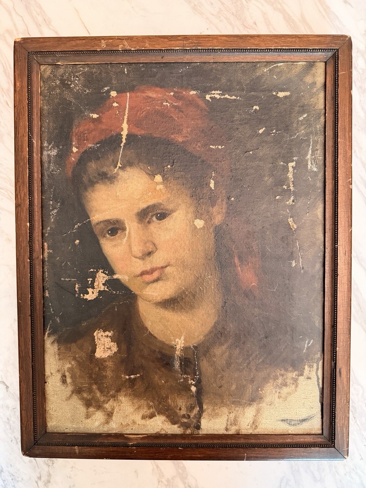 Antique Oil Painting Portrait of Young Woman / Gypsy Girl – Oil on Canvas