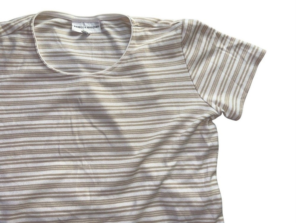 Rebecca Malone Beige & White Striped Short Sleeve Shirt Women’s Size M