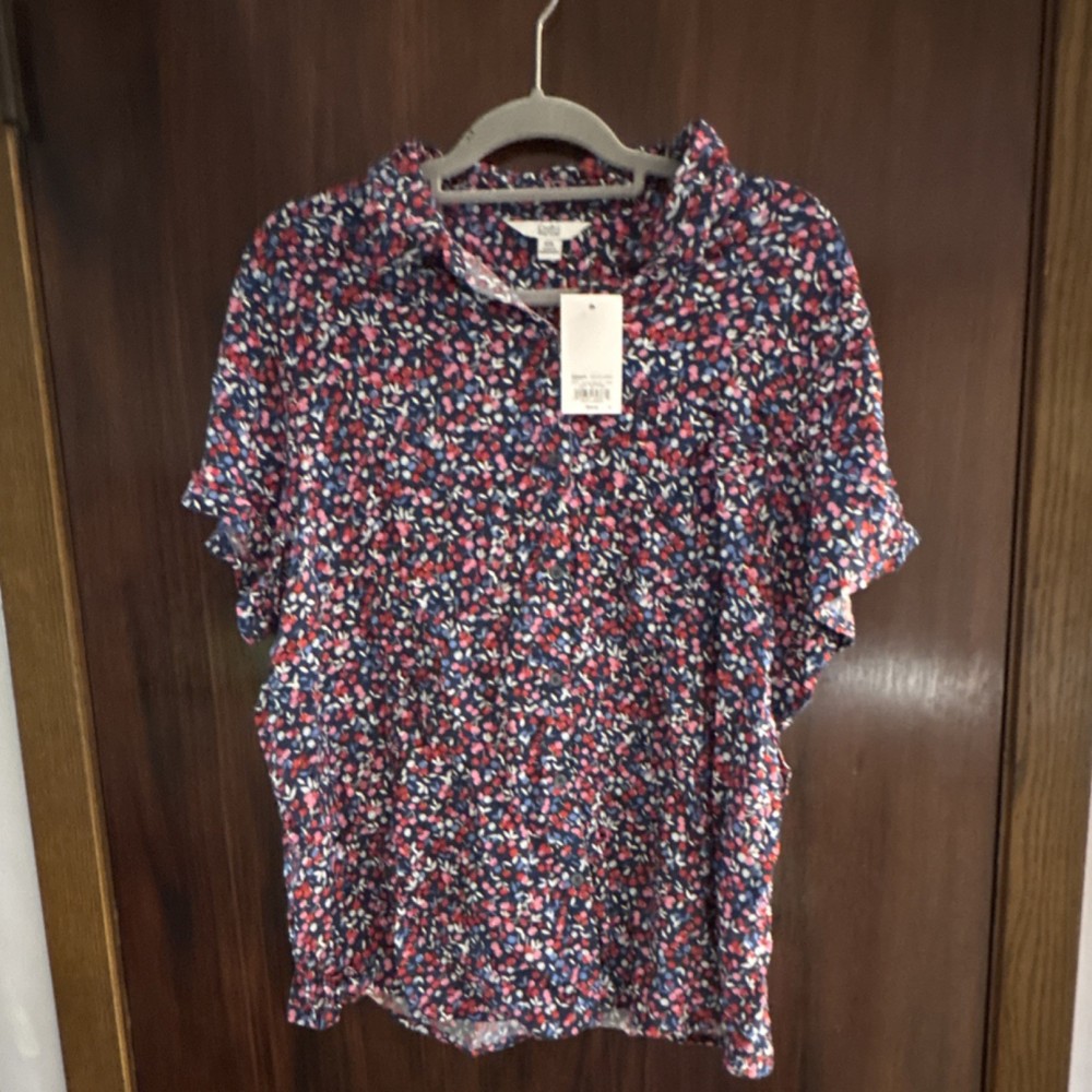 Croft & Barrow Women's XXL Blue Floral Short Sleeve Collared Button Blouse