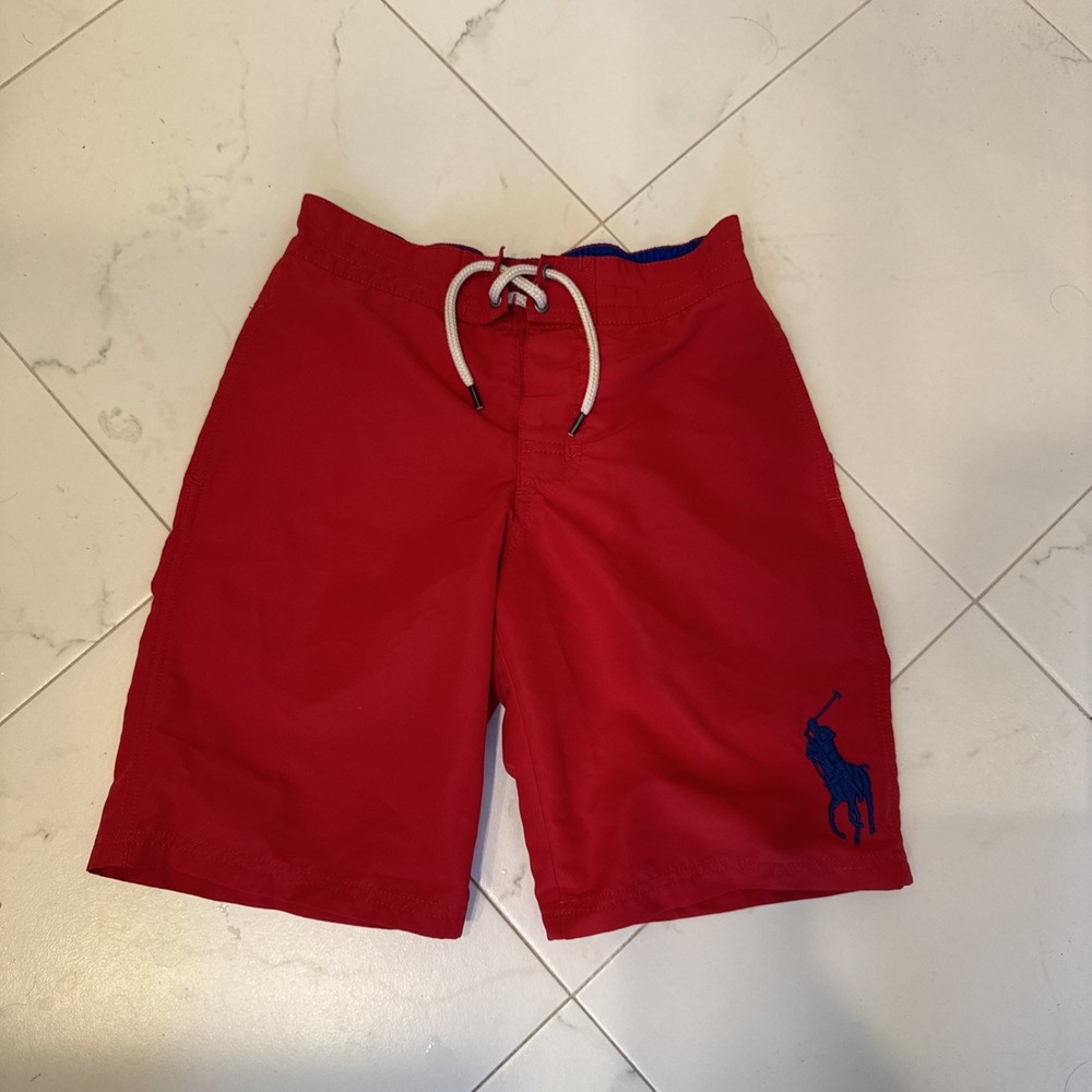 Polo Ralph Lauren Boy's Swimwear Board ShortsRed Swim Trunks Big Pony Blue Sz 8