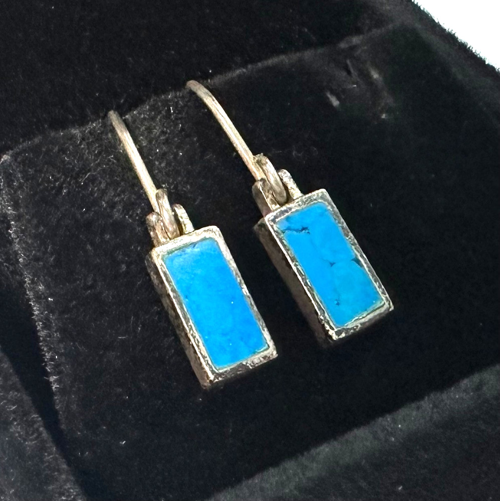 Vintage Blue Inlay Earrings MARKED SU 925 Sterling Silver Jewelry Lot I