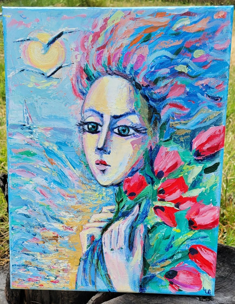 Original art abstract girl portrait with flowers 