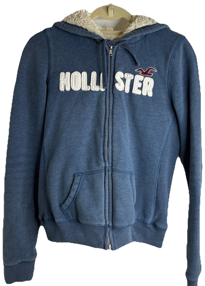 Vintage Hollister Sherpa Hoodie Y2K Womens M, Appliqué Logo Blue & White