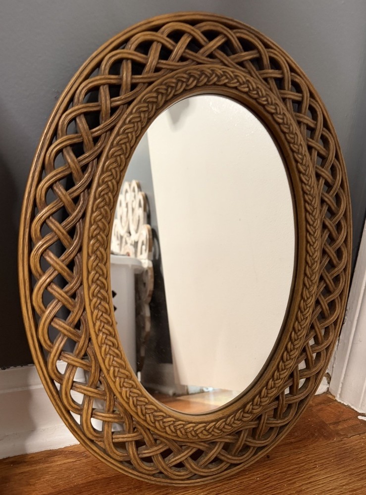 Vintage Homco Dart Ind. Wall Mirror Syroco Resin Framed Woven MCM Boho Large 16”
