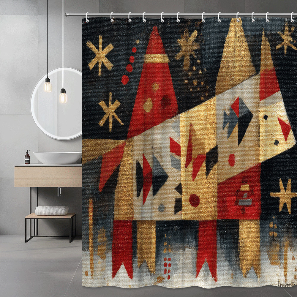 Mid Century Abstract House Shower Curtain Retro Star Print