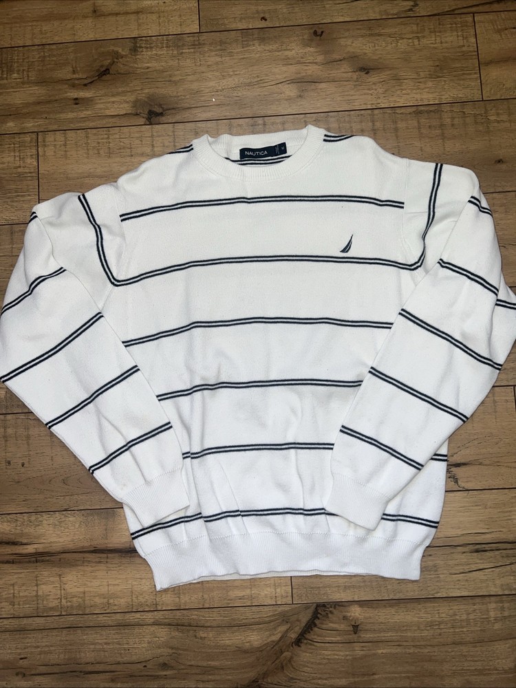 Nautica Striped Sweater Men’s Size M White With Navy Stripes