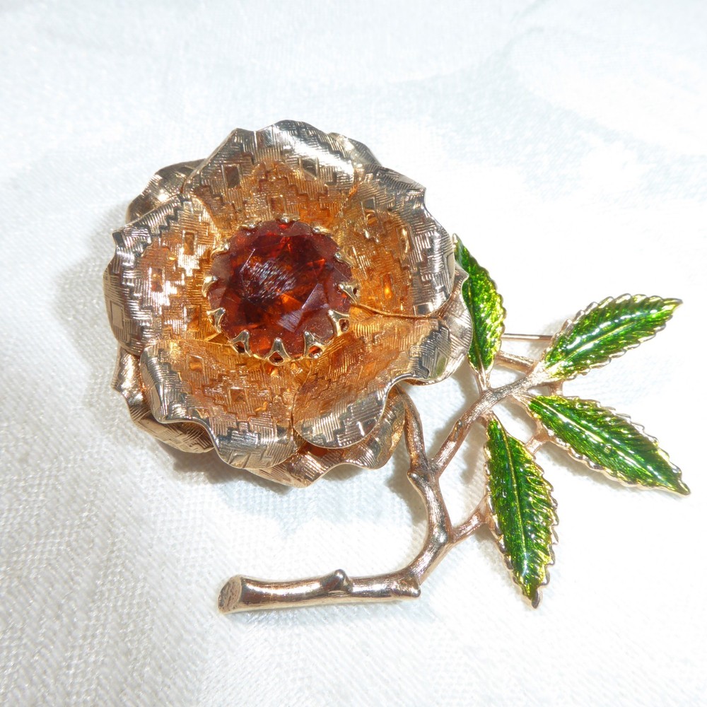 Vintage Gold Tone Large Topaz Rhinestone Green Enamel Flower Pin Sarah Coventry