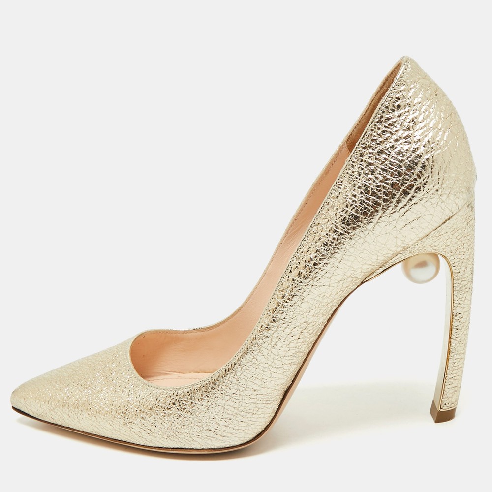 Nicholas Kirkwood Gold Leather Pearl Embellished Pointed Toe Pumps