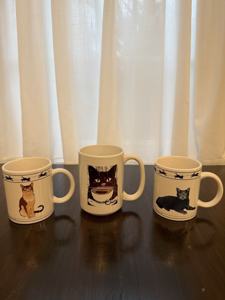 Cat Mugs- 2 Houston Harvest Mugs And 1 Orca Coatings Mug