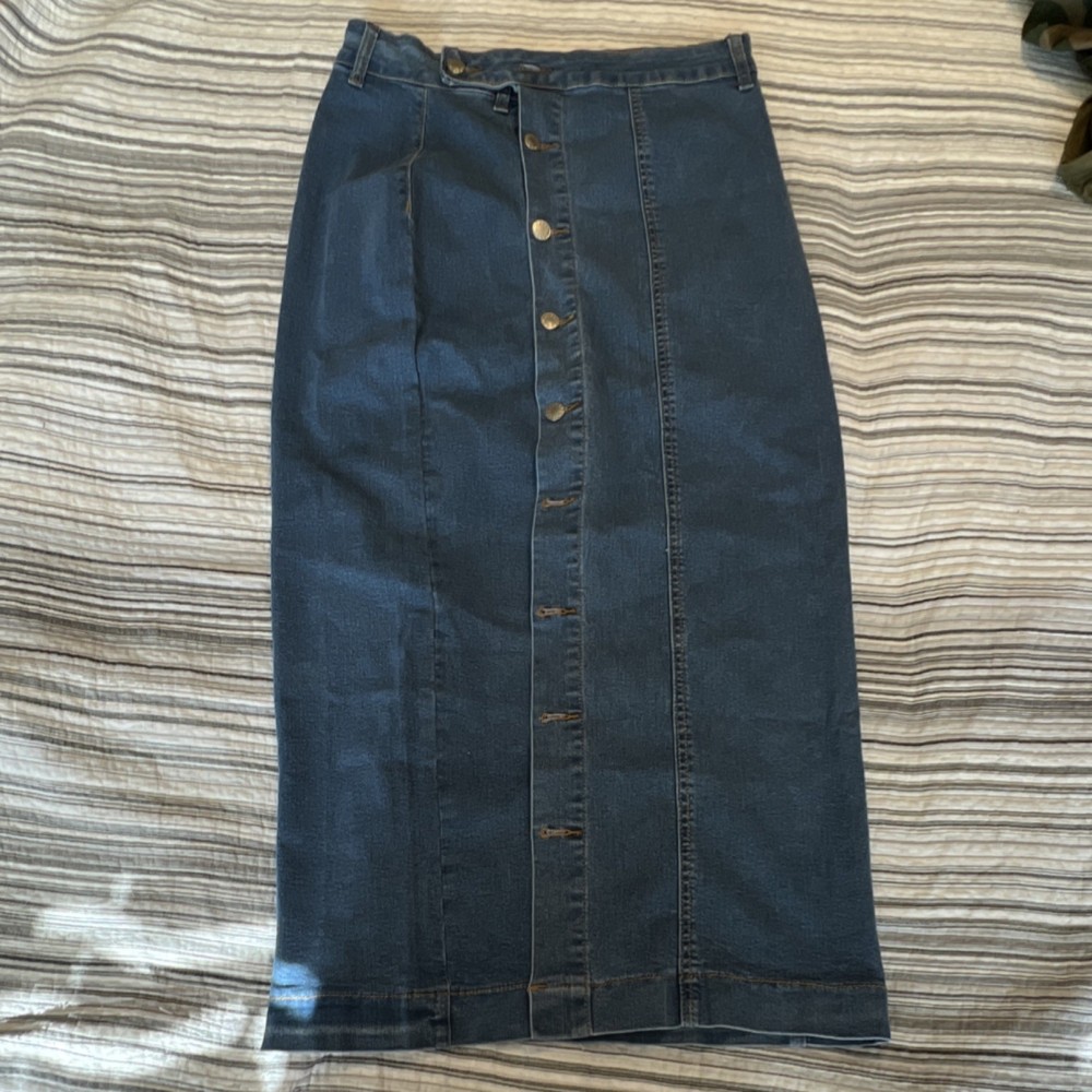 Jeans Blue Denim Button Front Midi Straight Pencil Skirt Size L Cotton Blend
