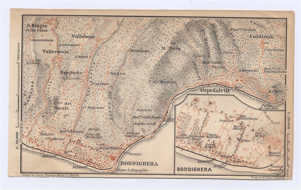1899 Antique City Map Of Bordighera / Liguria / Italy