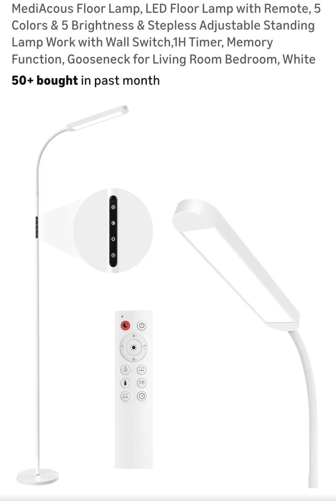Mediacous LED Floor Lamp White Remote Control Dimmable