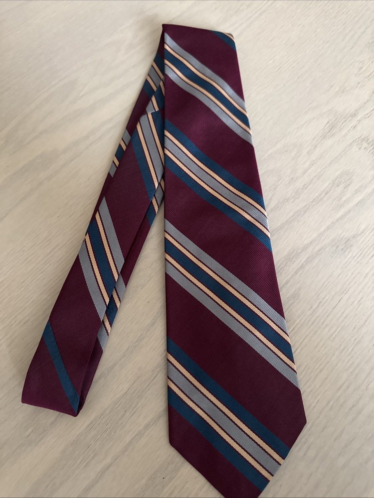 Brooks Brothers Men's Silk Burgundy Blue Gold Striped Tie Made In USA  3.25x55