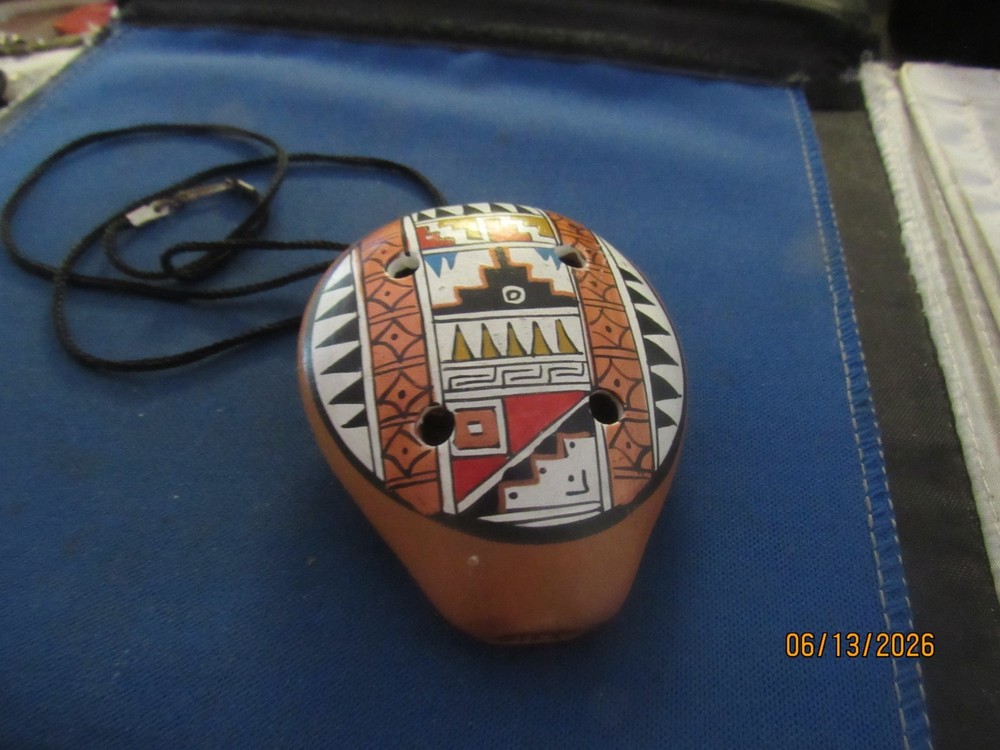 Vintage Peru Painted Geometric Designs Pendant Whistle