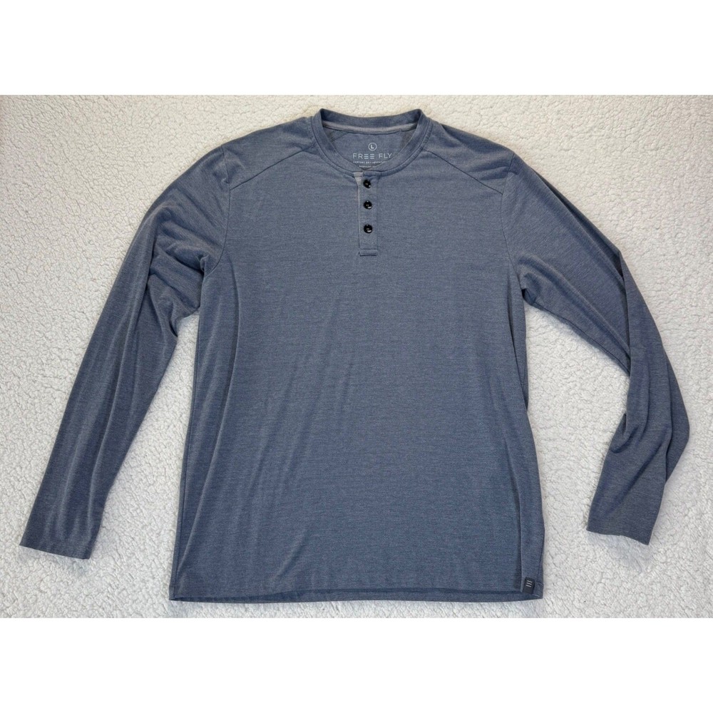 Free Fly Mens Bamboo Heritage Long Sleeve Henley Shirt Heather Blue Large