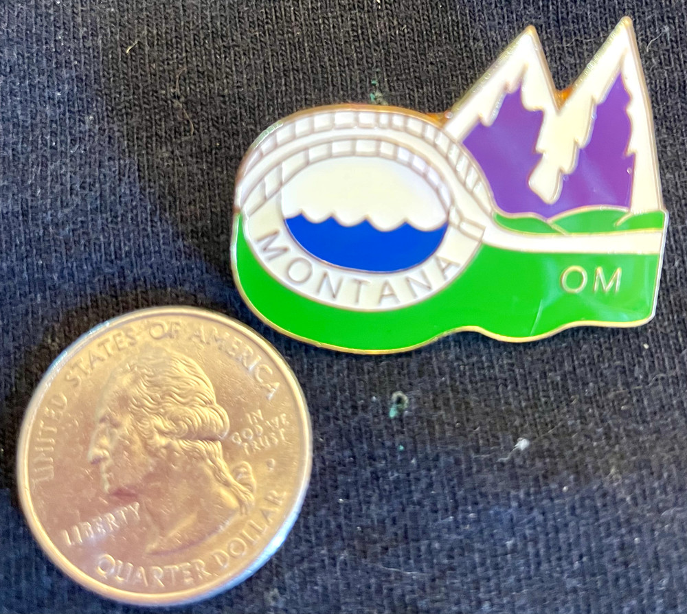 Vintage Odyssey of the Mind OM Montana Enamel Lapel Hat Pin Duct Tape O Mountain