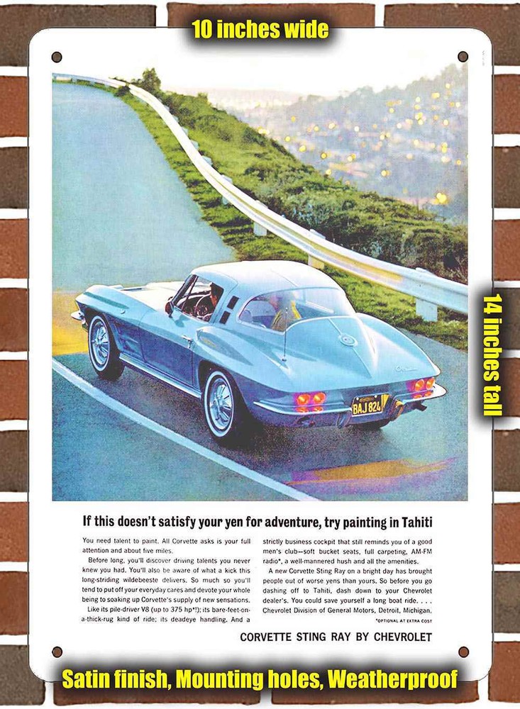 1964 Corvette Metal Sign 6x10x14 Inches Vintage Car Decor