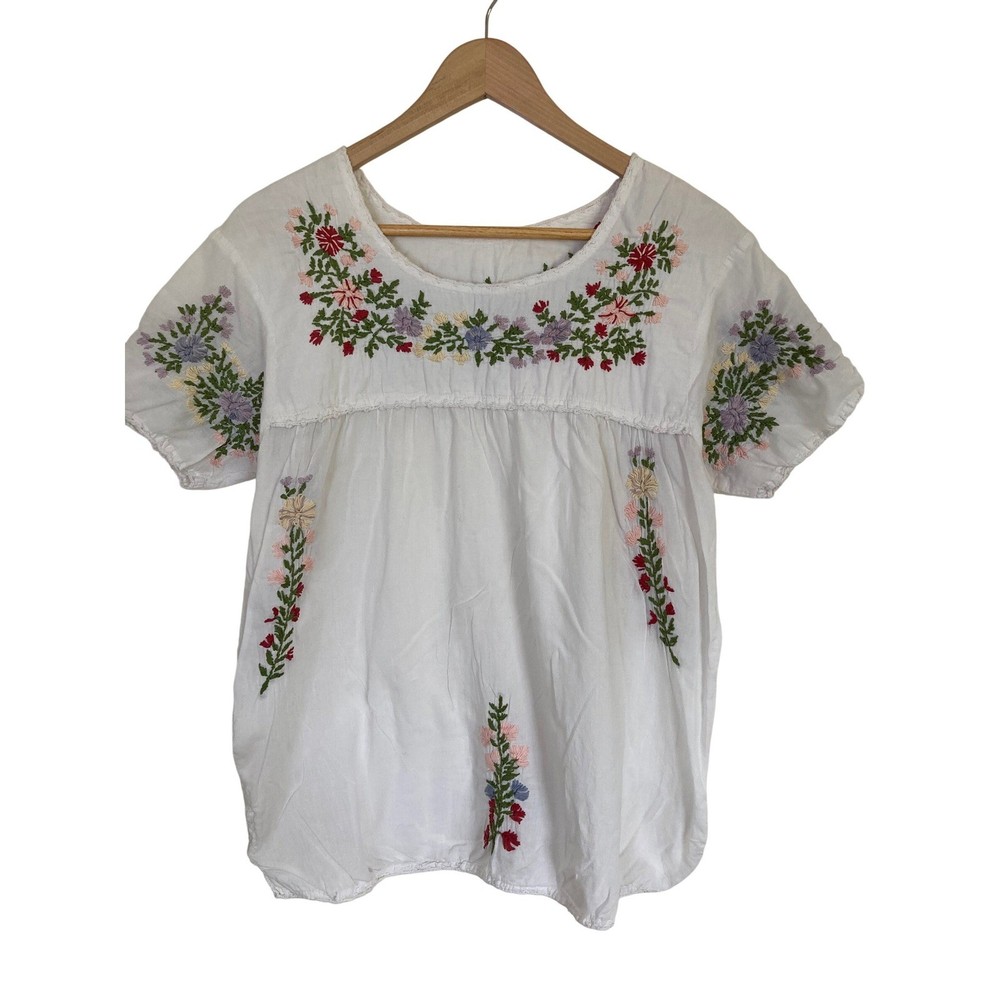 White Floral Embroidered Peasant Blouse Short Sleeve Boho Babydoll Top Women M