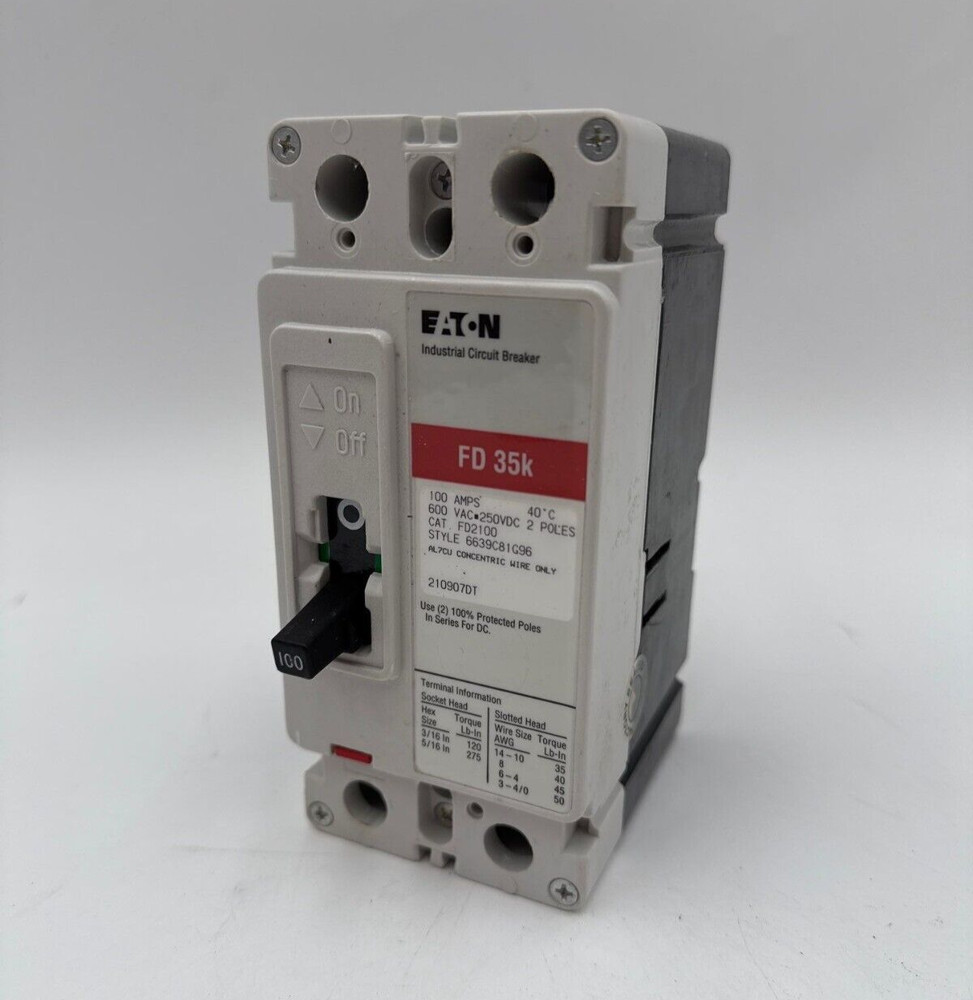 Eaton FD2100 Circuit Breaker 100A 2P 600V 1PH FD 35k 100 Amp 2 Pole Used