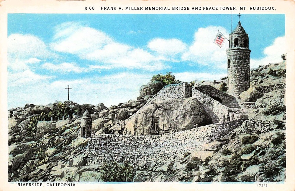 Riverside CA California Peace Tower Mt Rubidoux Bridge Scenic Vtg Postcard E32