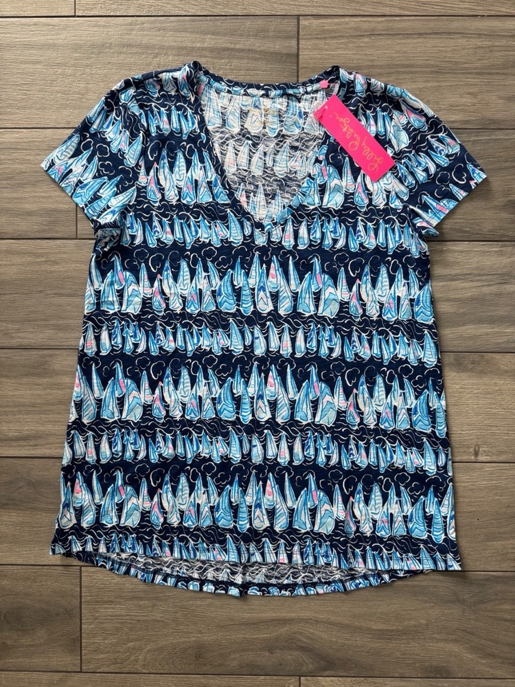 Lilly Pulitzer Etta V-Neck Cotton Top, Low Tide Navy, Sails And Stripes, Nwt