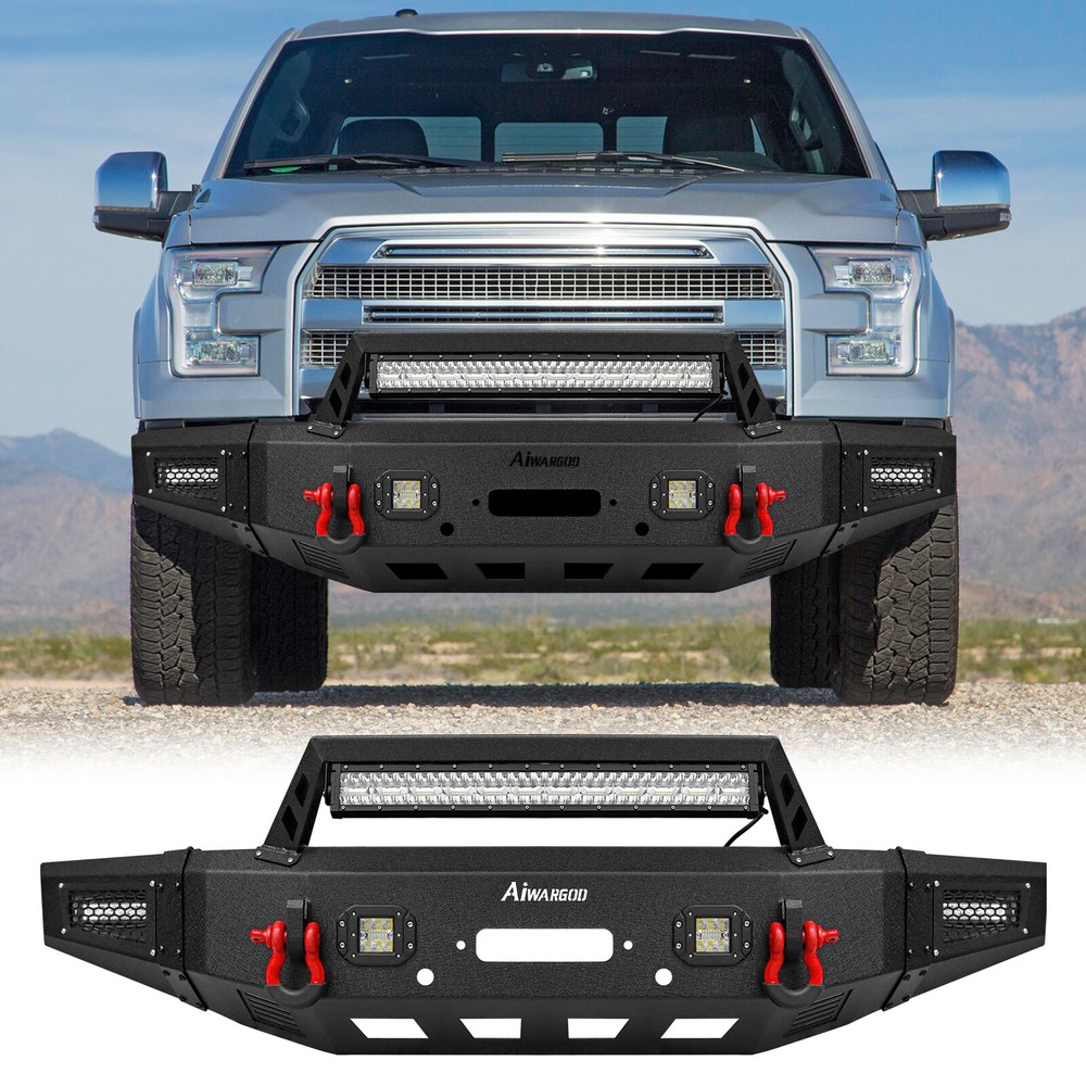 2015-2017 Ford F-150 Steel Front Bumper with Winch Plate LED Lights D-Rings