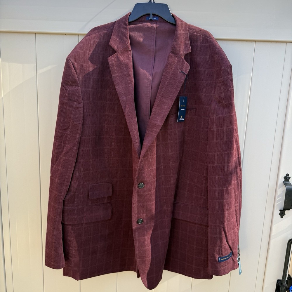 Stafford Burgundy Red Plaid Corduroy Blazer Jacket 54 L $220 Big & Tall NWT