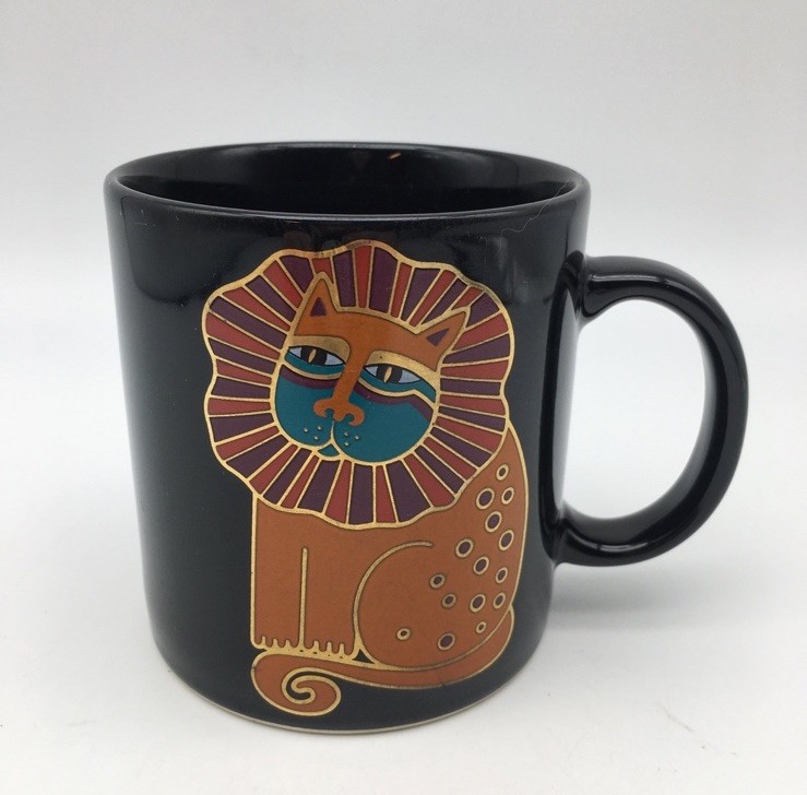 Vintage Laurel Burch Harlequin Lion Cat Black Coffee Mug Cup Art Mug